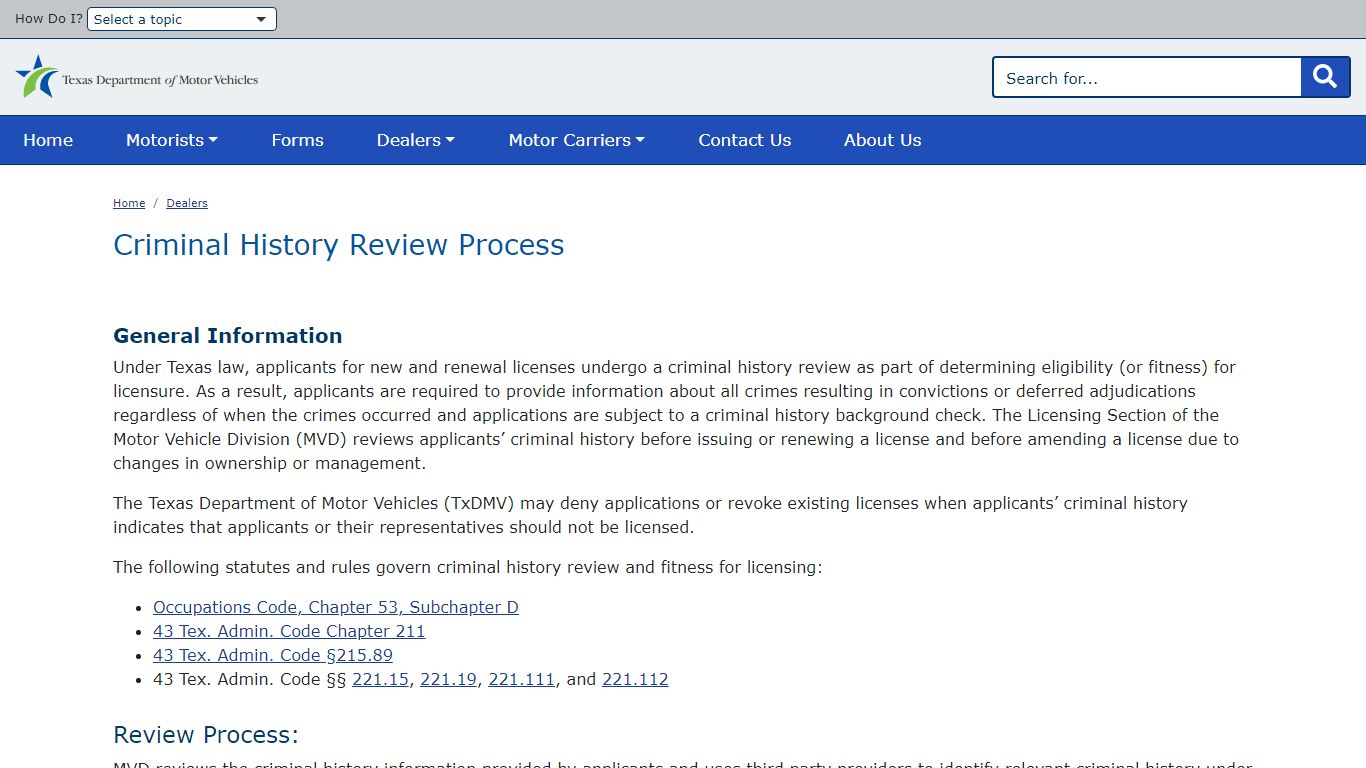 Criminal History Review Process | TxDMV.gov - Texas Department of Motor ...